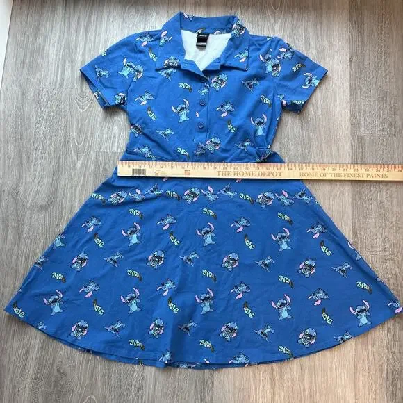 Disney Women's Stitch Polo Skater Dress Blue Lilo & Stitch Fit Flare Small - Picture 7 of 9